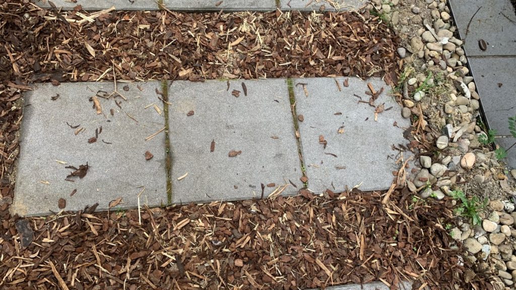 Bark mulch between pavers.